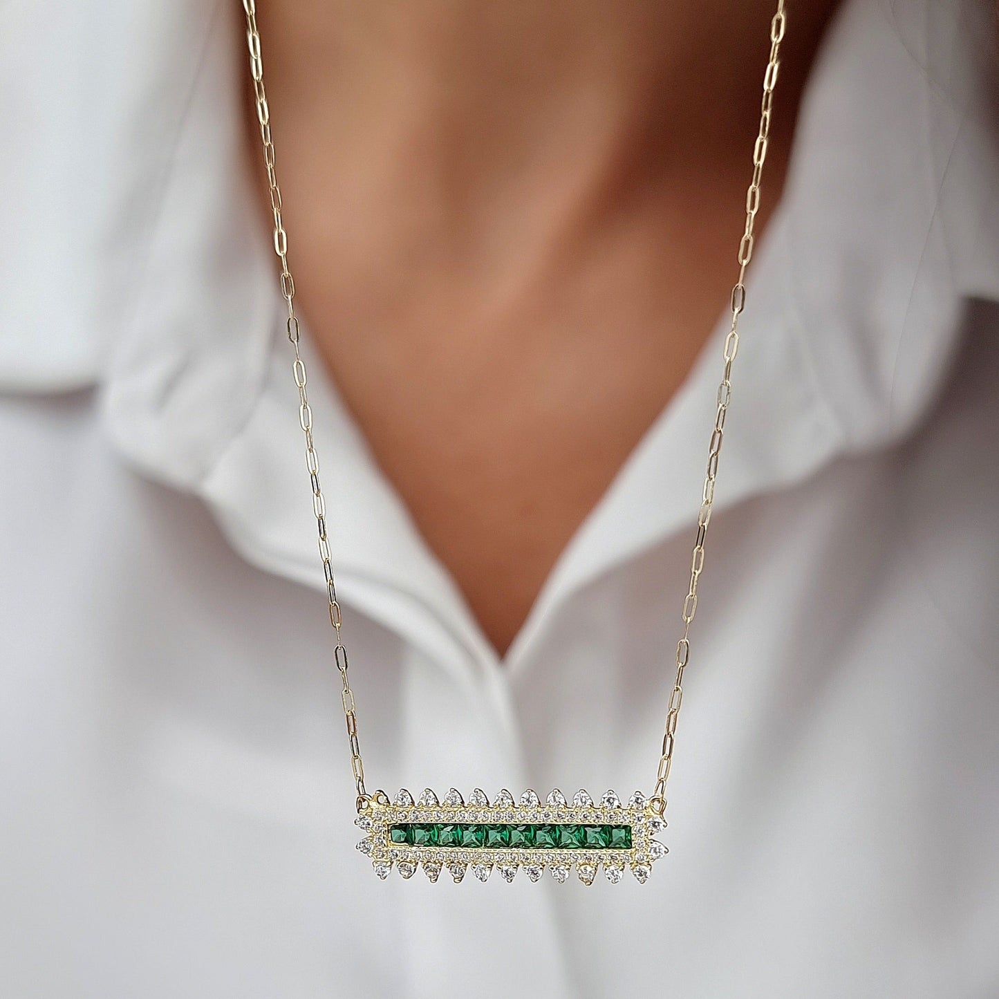 18K Pure Gold Green Long Stone Necklace