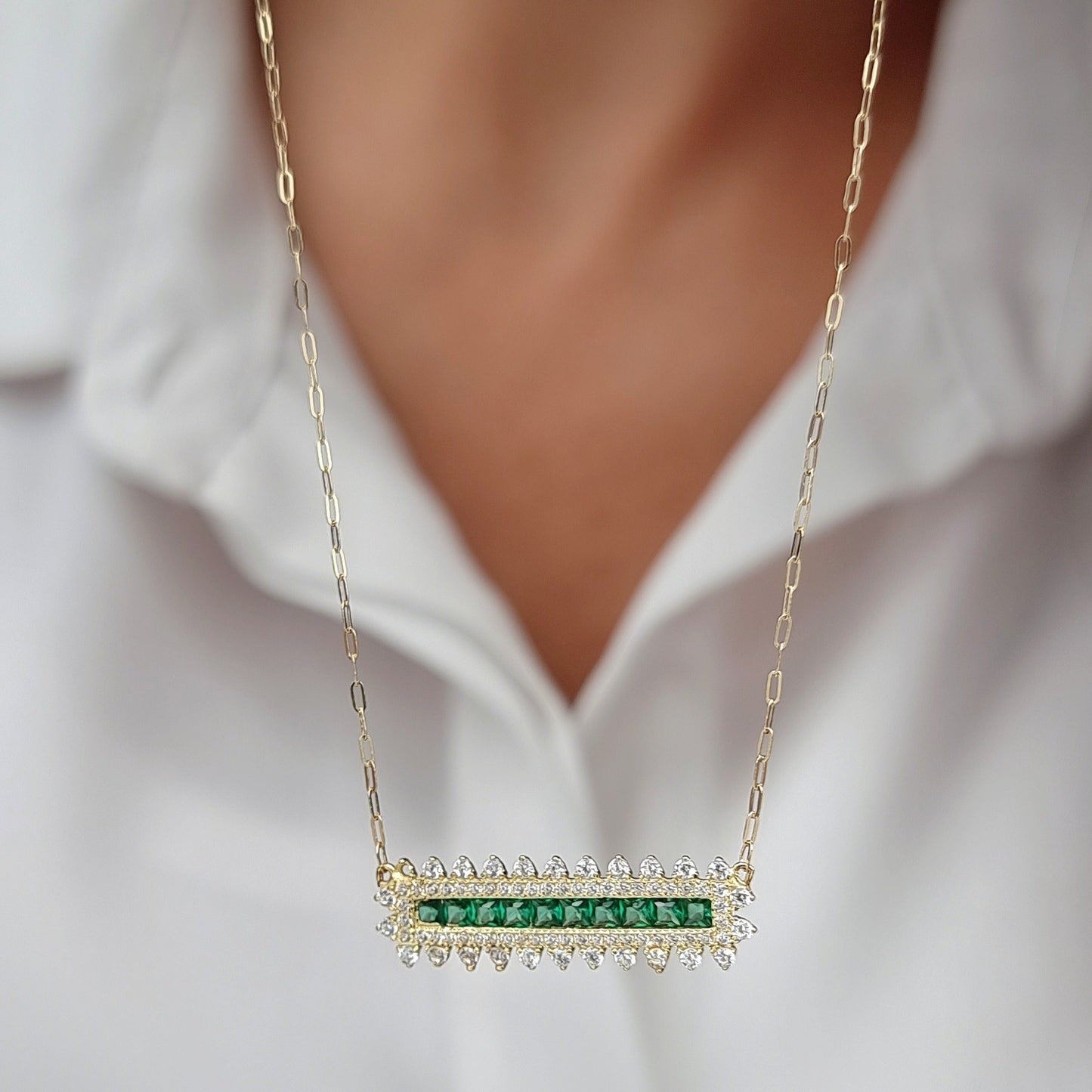 18K Pure Gold Green Long Stone Necklace