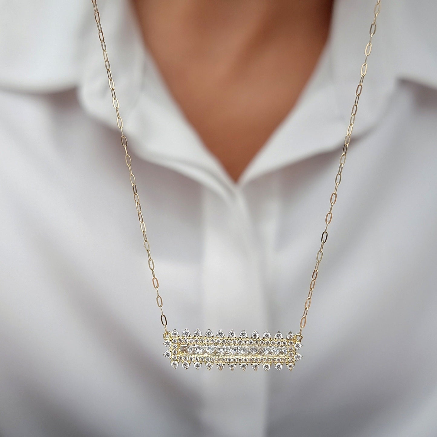 18K Pure Gold White Long Stone Necklace