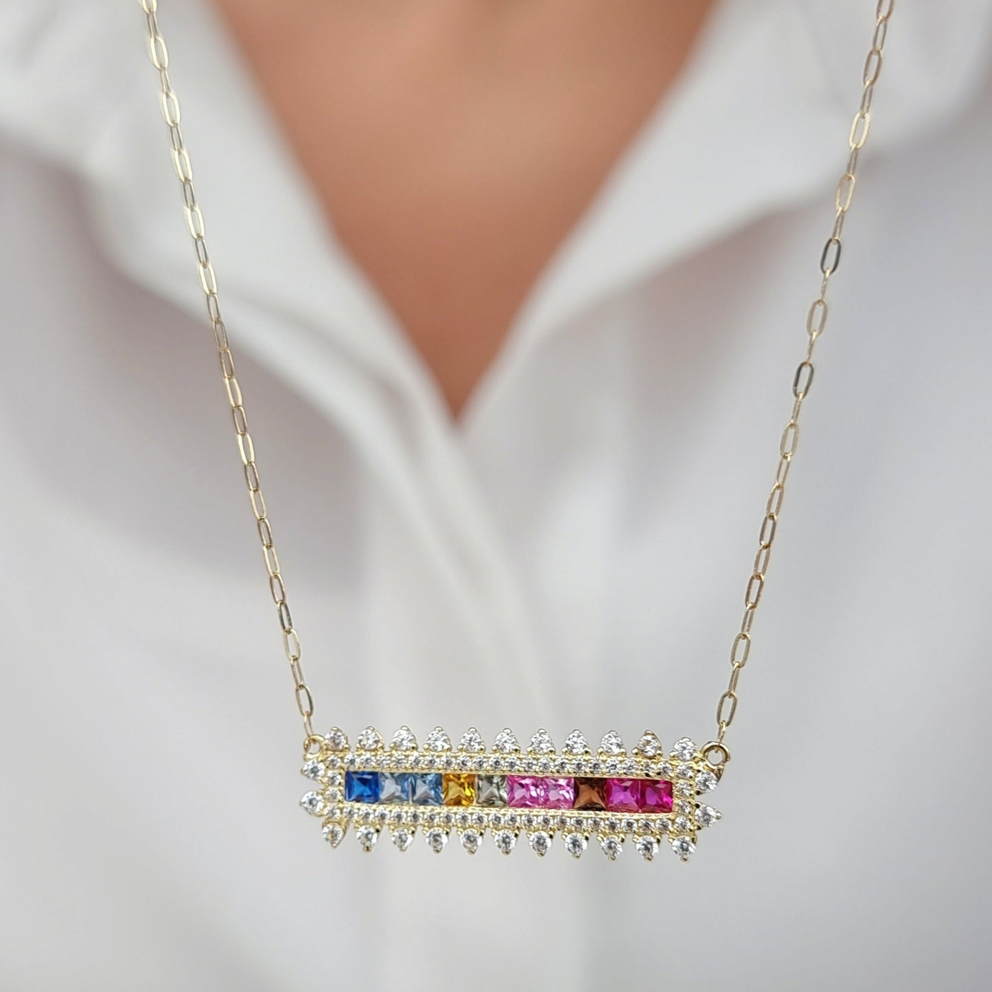 18K Pure Gold Multi Color Long Stone Necklace