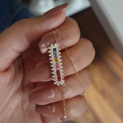 18K Pure Gold Multi Color Long Stone Necklace