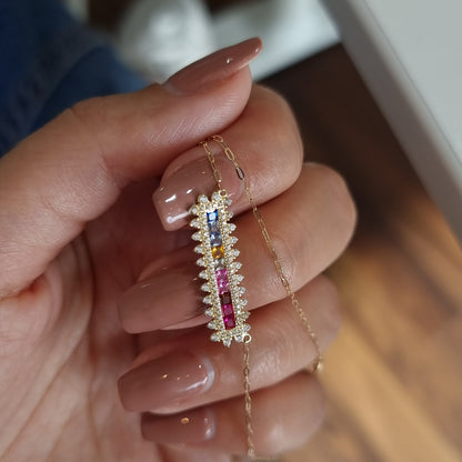 18K Pure Gold Multi Color Long Stone Necklace