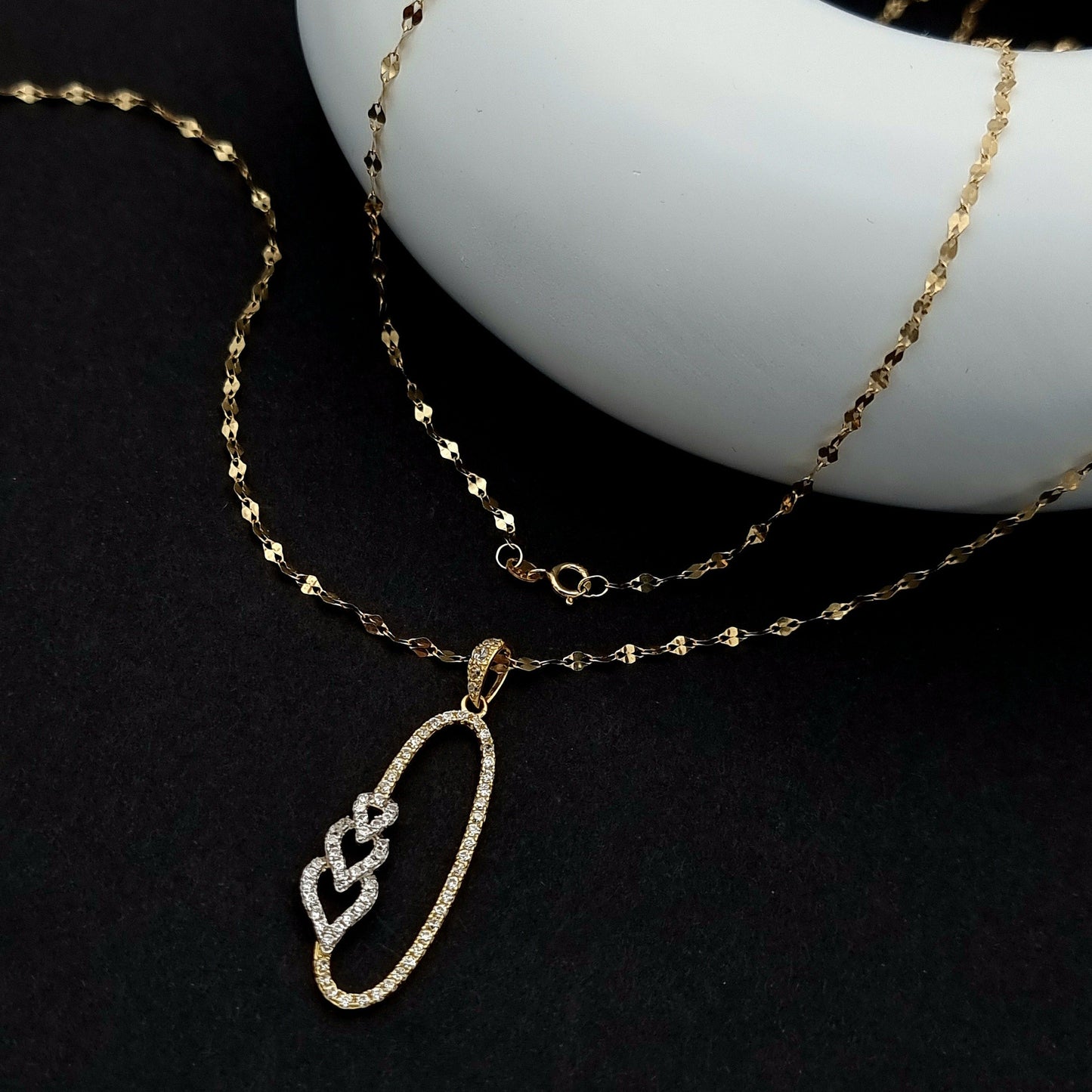 18K Pure Gold Oval Hearts Stone Necklace