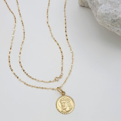 18K Pure Gold Round Jesus Religious Necklace