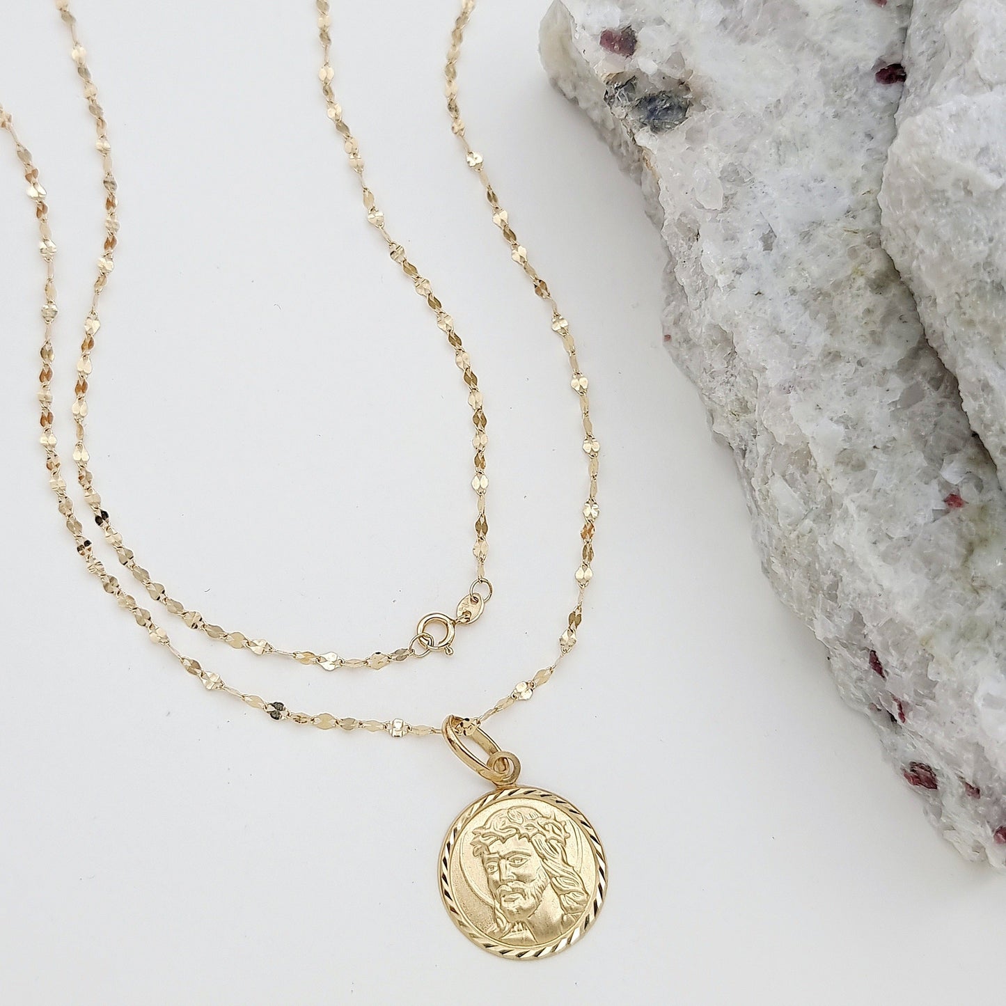 18K Pure Gold Round Jesus Religious Necklace