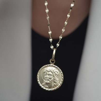 18K Pure Gold Round Jesus Religious Necklace