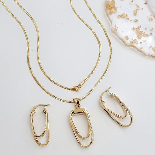 18K Pure Gold Double Square Jewelry Set