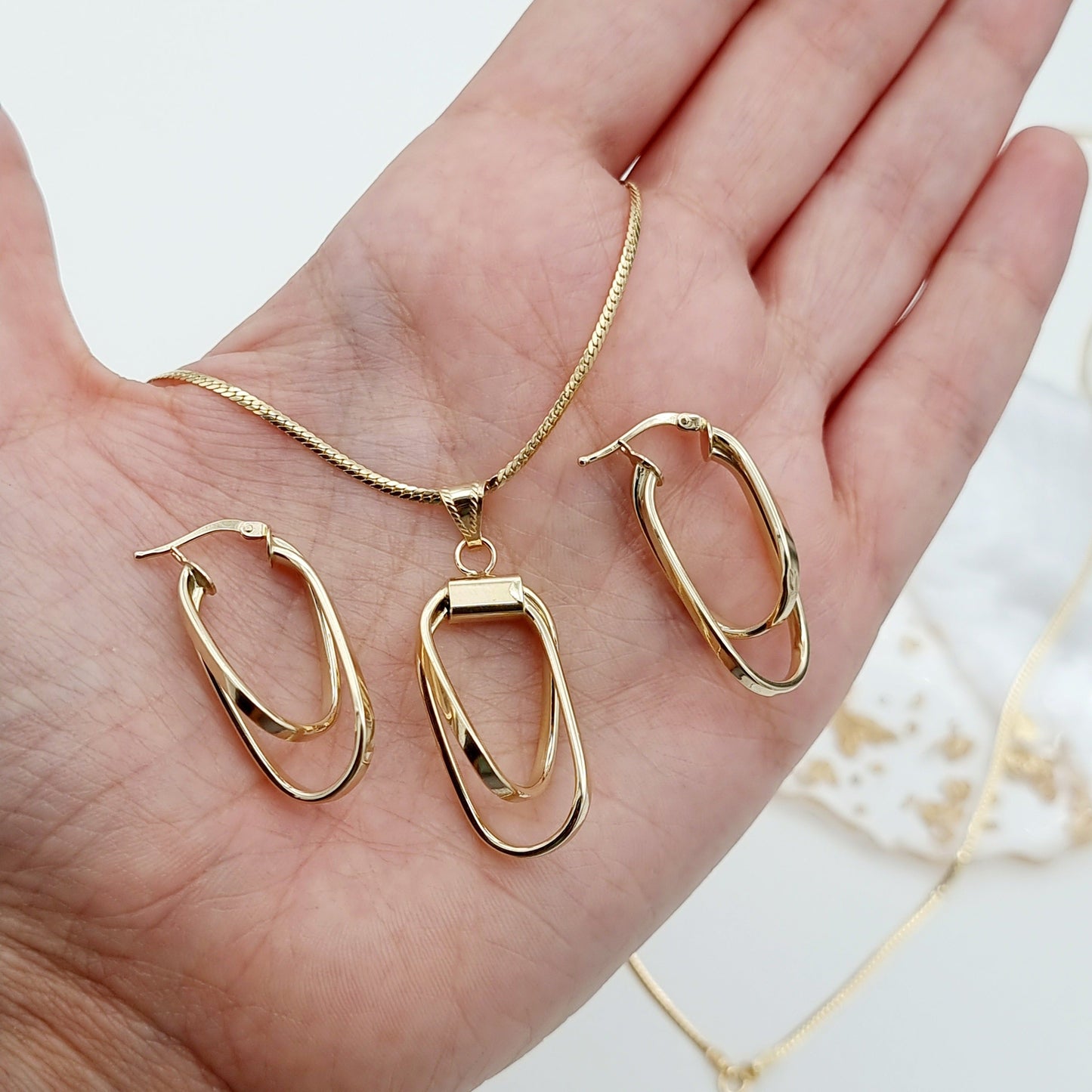 18K Pure Gold Double Square Jewelry Set