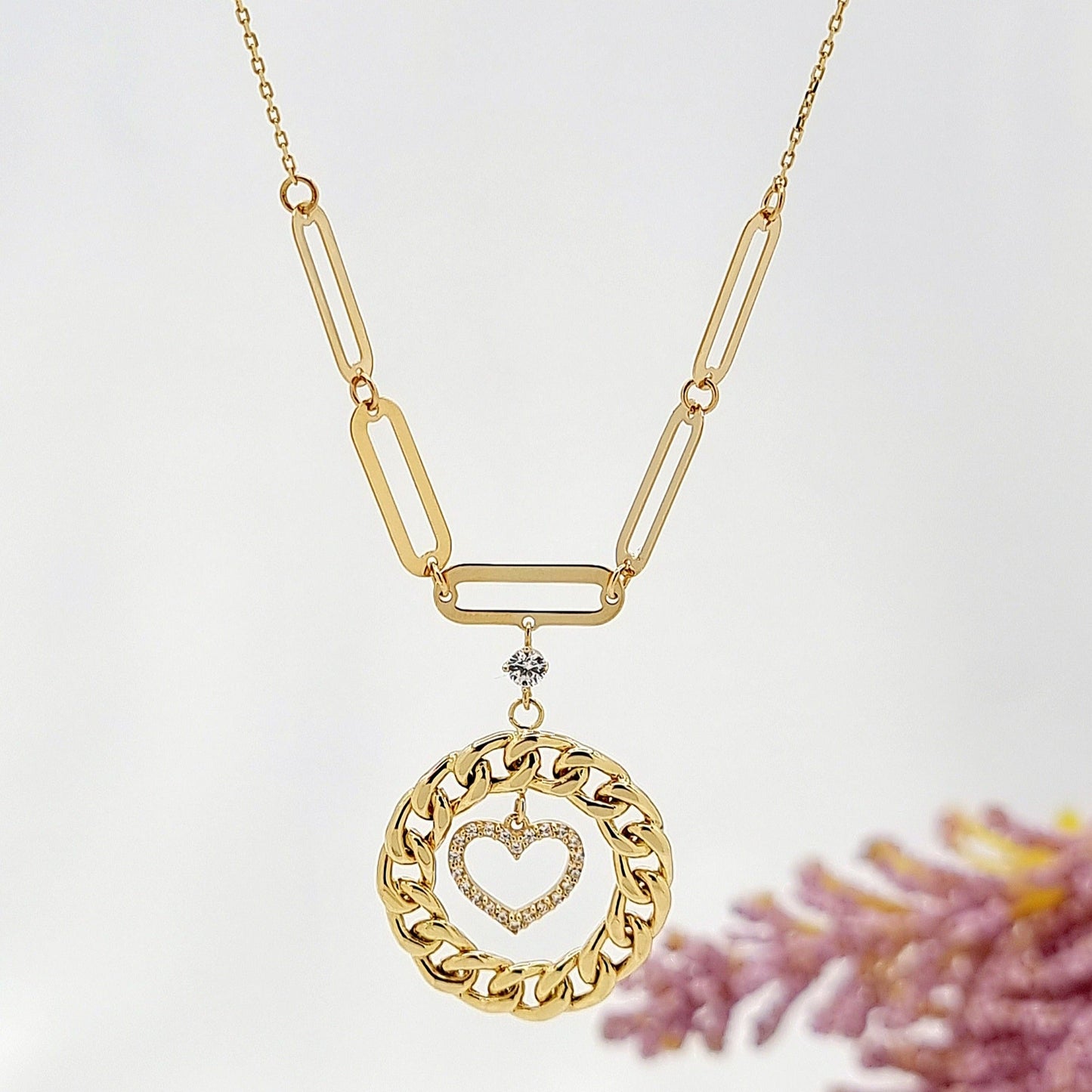 18K Pure Gold Round Heart Necklace