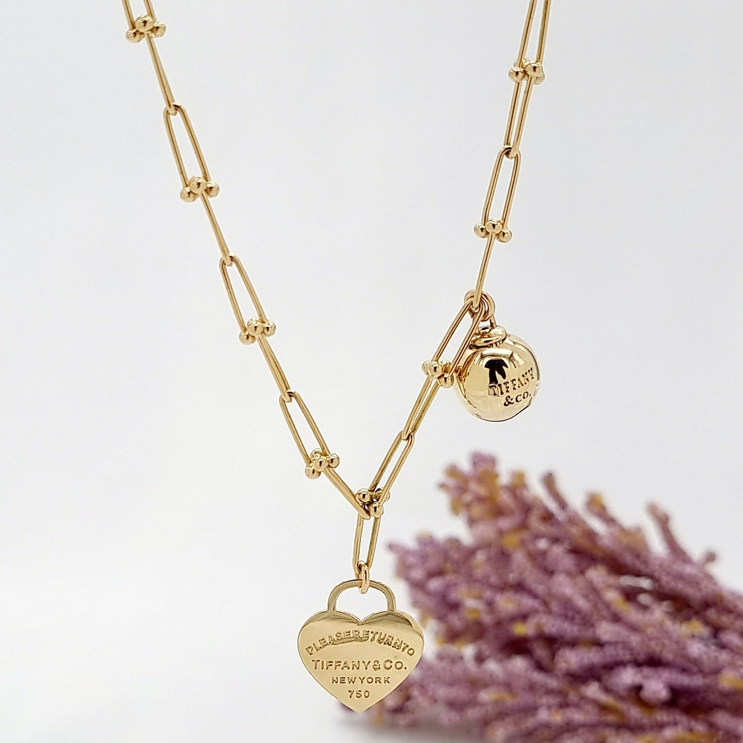 18K Pure Gold Ball & Heart Linked Necklace