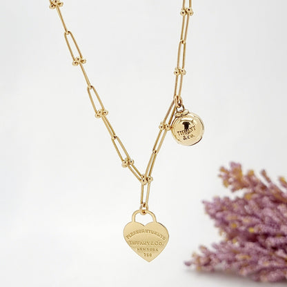 18K Pure Gold Ball & Heart Linked Necklace