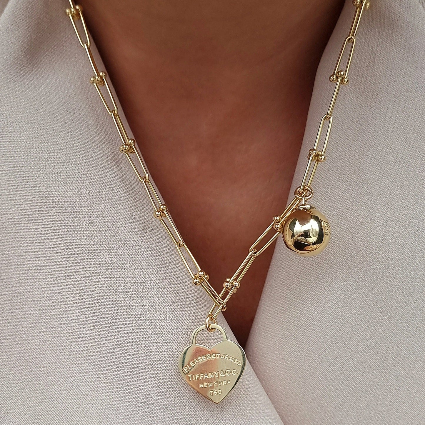 18K Pure Gold Ball & Heart Linked Necklace