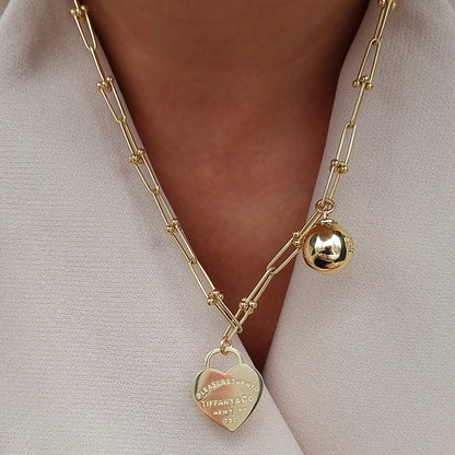 18K Pure Gold Ball & Heart Linked Necklace