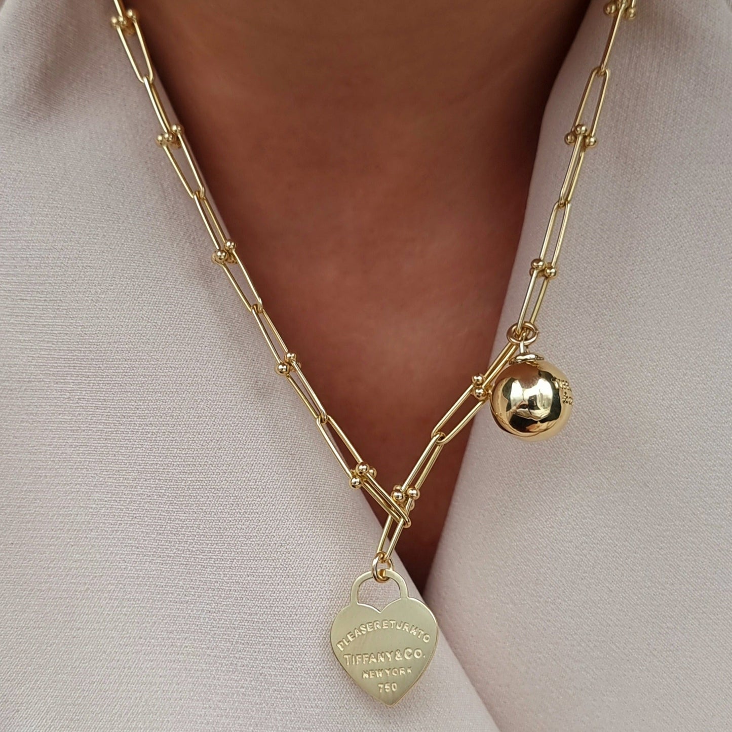 18K Pure Gold Ball & Heart Linked Necklace