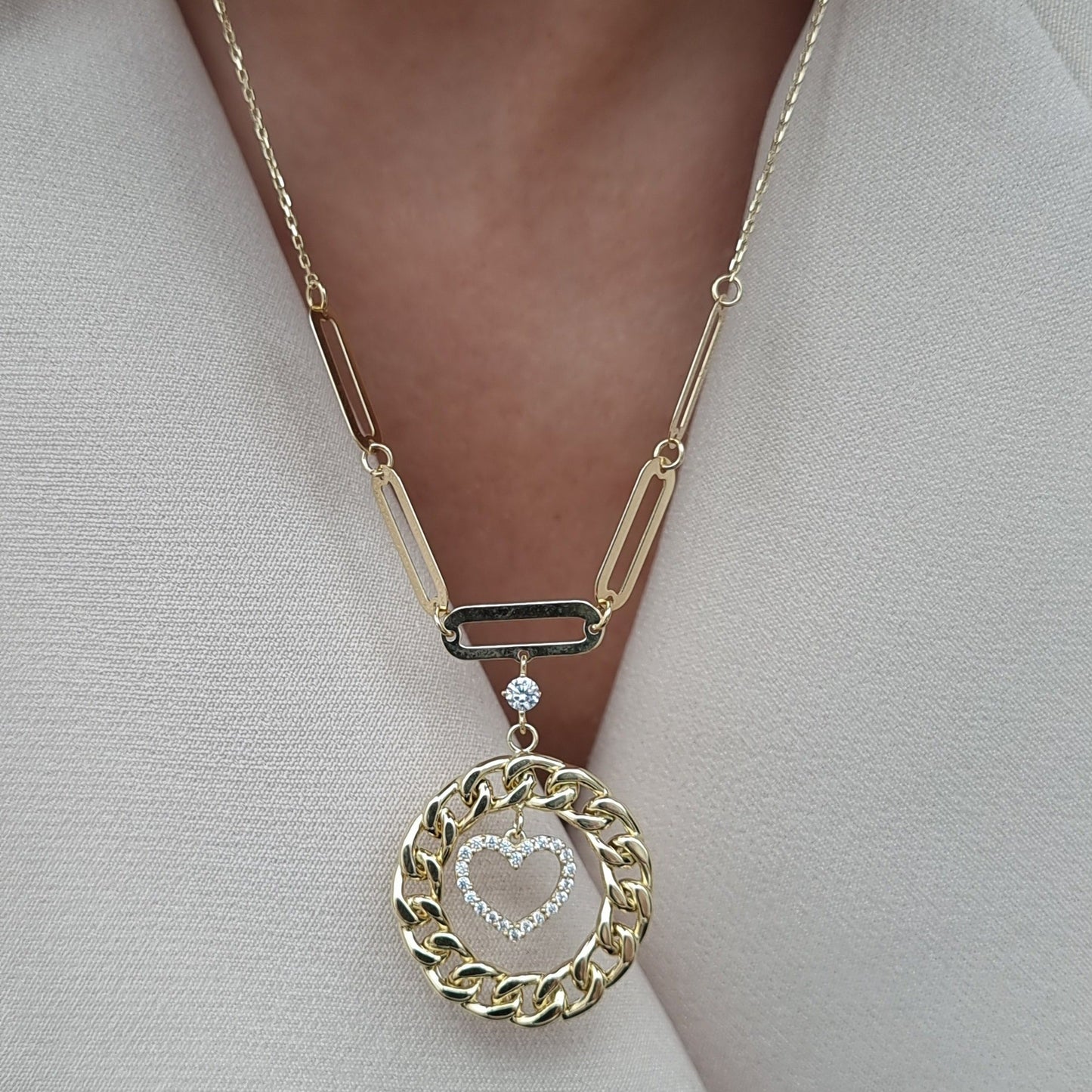 18K Pure Gold Round Heart Necklace