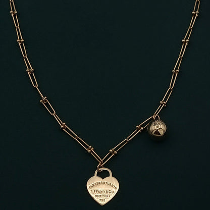 18K Pure Gold Ball & Heart Linked Necklace