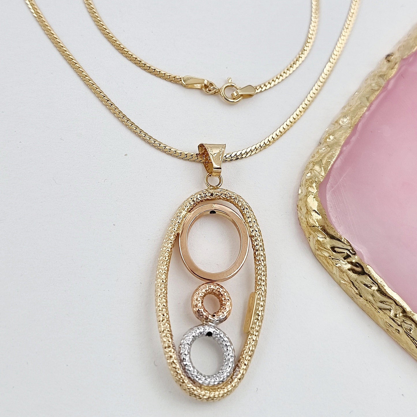 18K Pure Gold Oval 3 Color Round Necklace