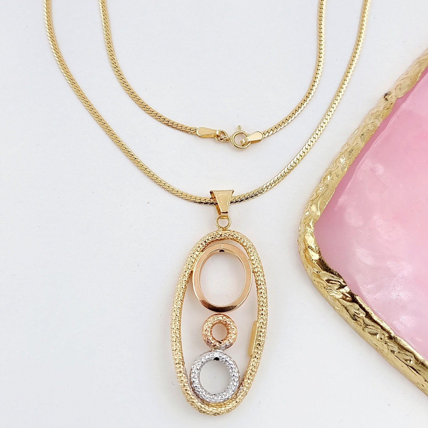 18K Pure Gold Oval 3 Color Round Necklace