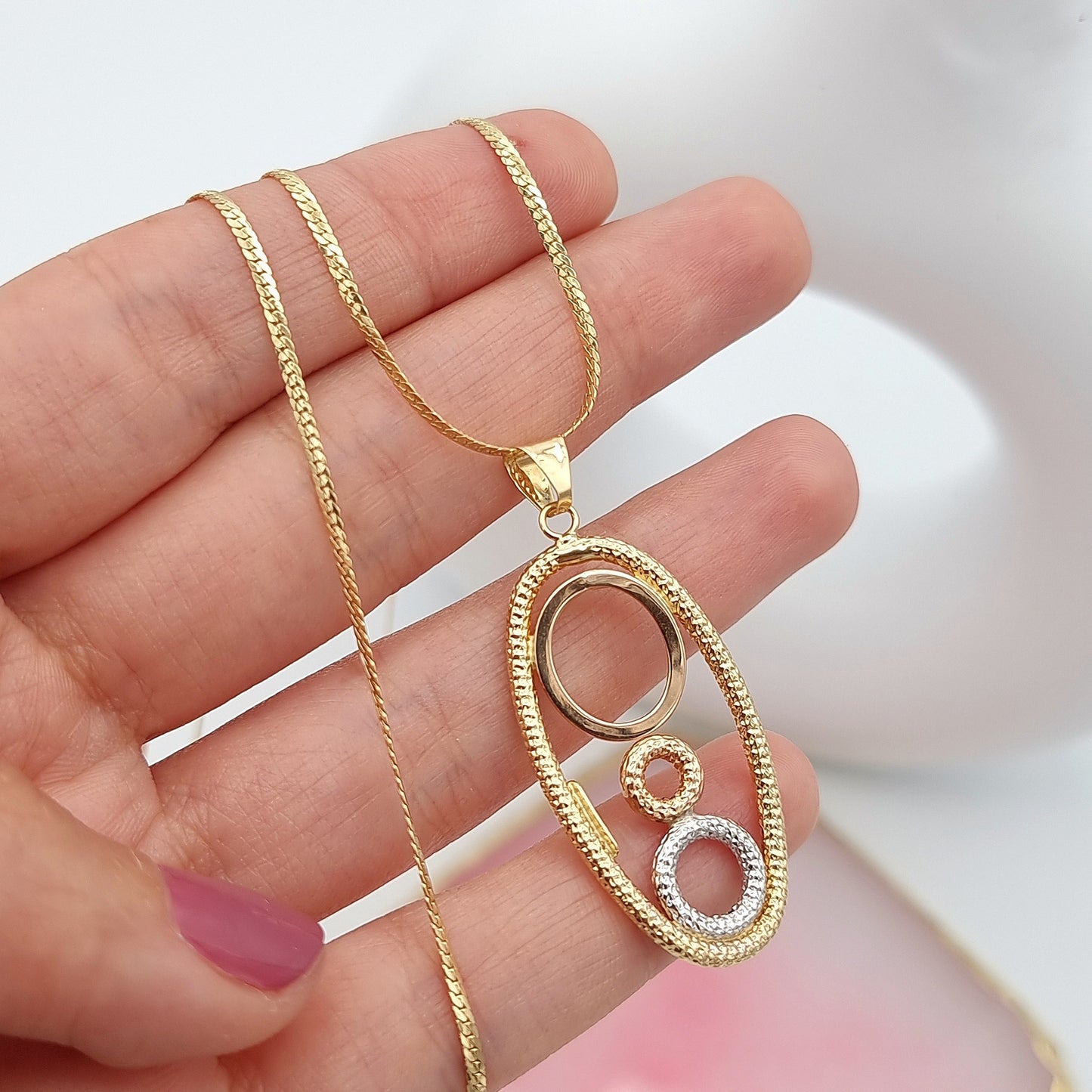 18K Pure Gold Oval 3 Color Round Necklace