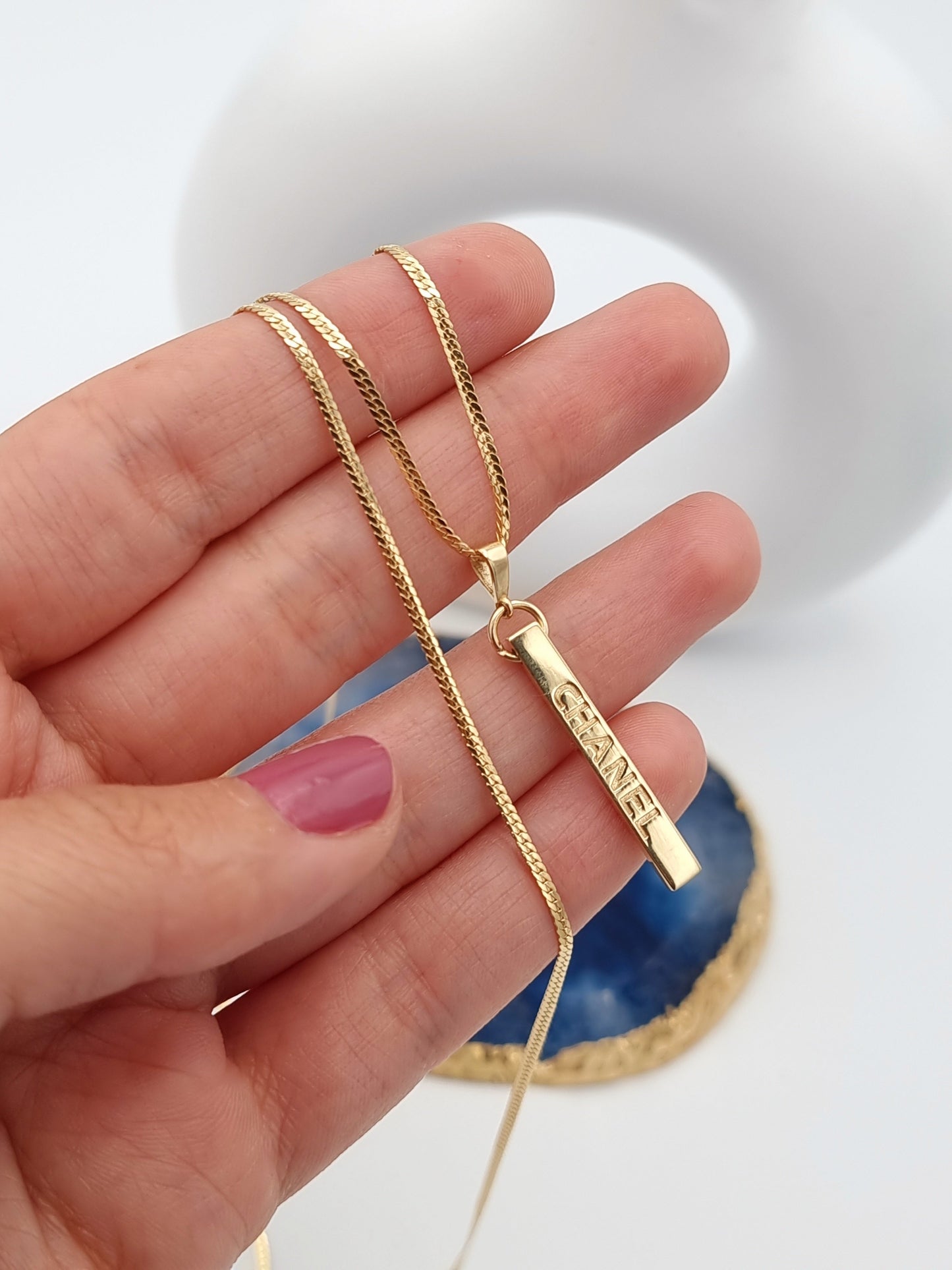 18K Pure Gold C.H Long Bar Necklace