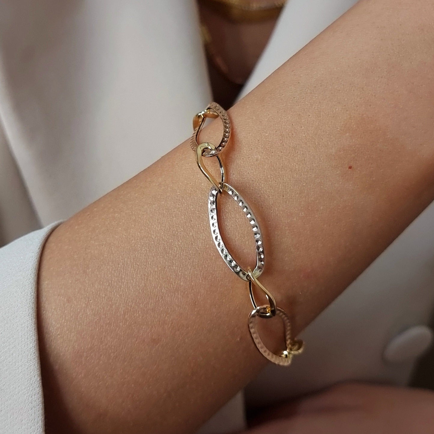18K Pure Gold 3 Color Oval Linked Bracelet