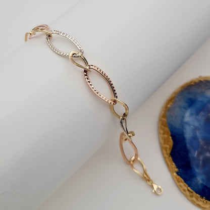 18K Pure Gold 3 Color Oval Linked Bracelet