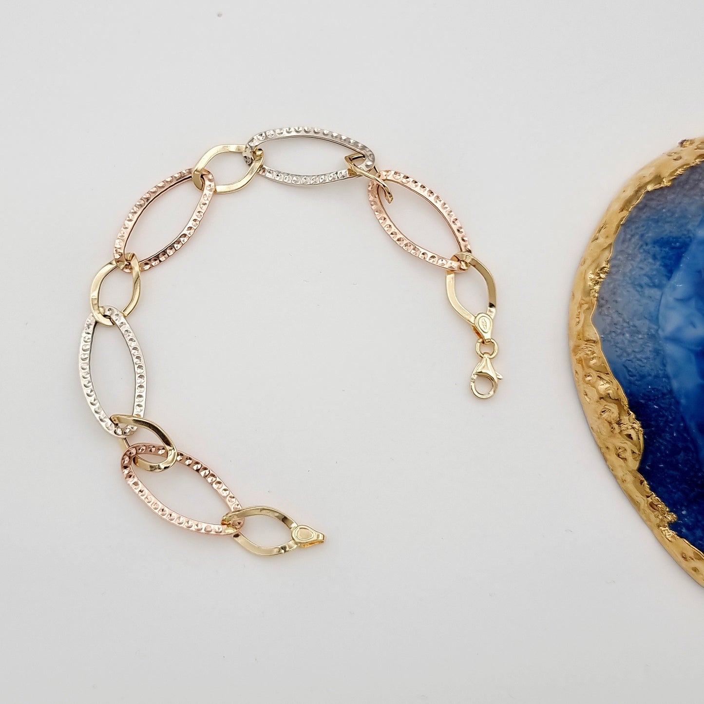 18K Pure Gold 3 Color Oval Linked Bracelet