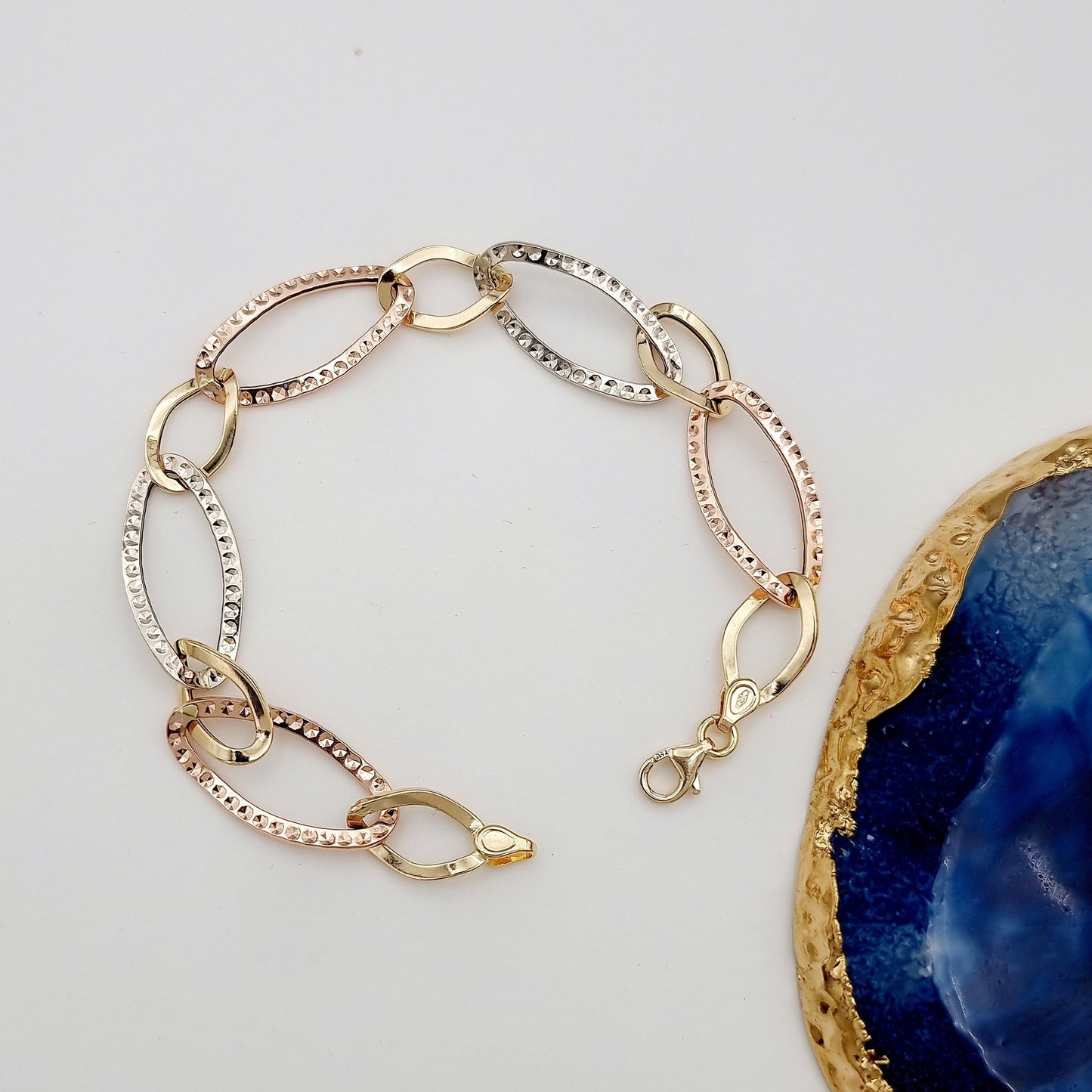 18K Pure Gold 3 Color Oval Linked Bracelet