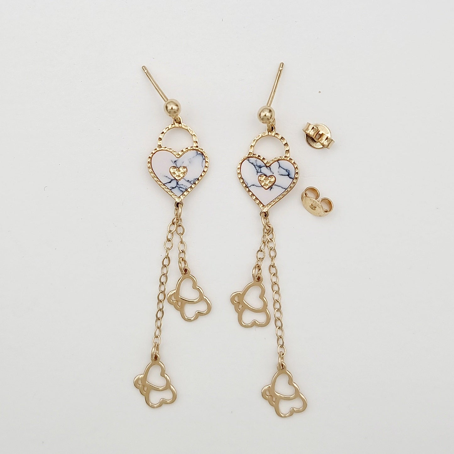 18K Pure Gold Heart Hanging Earrings