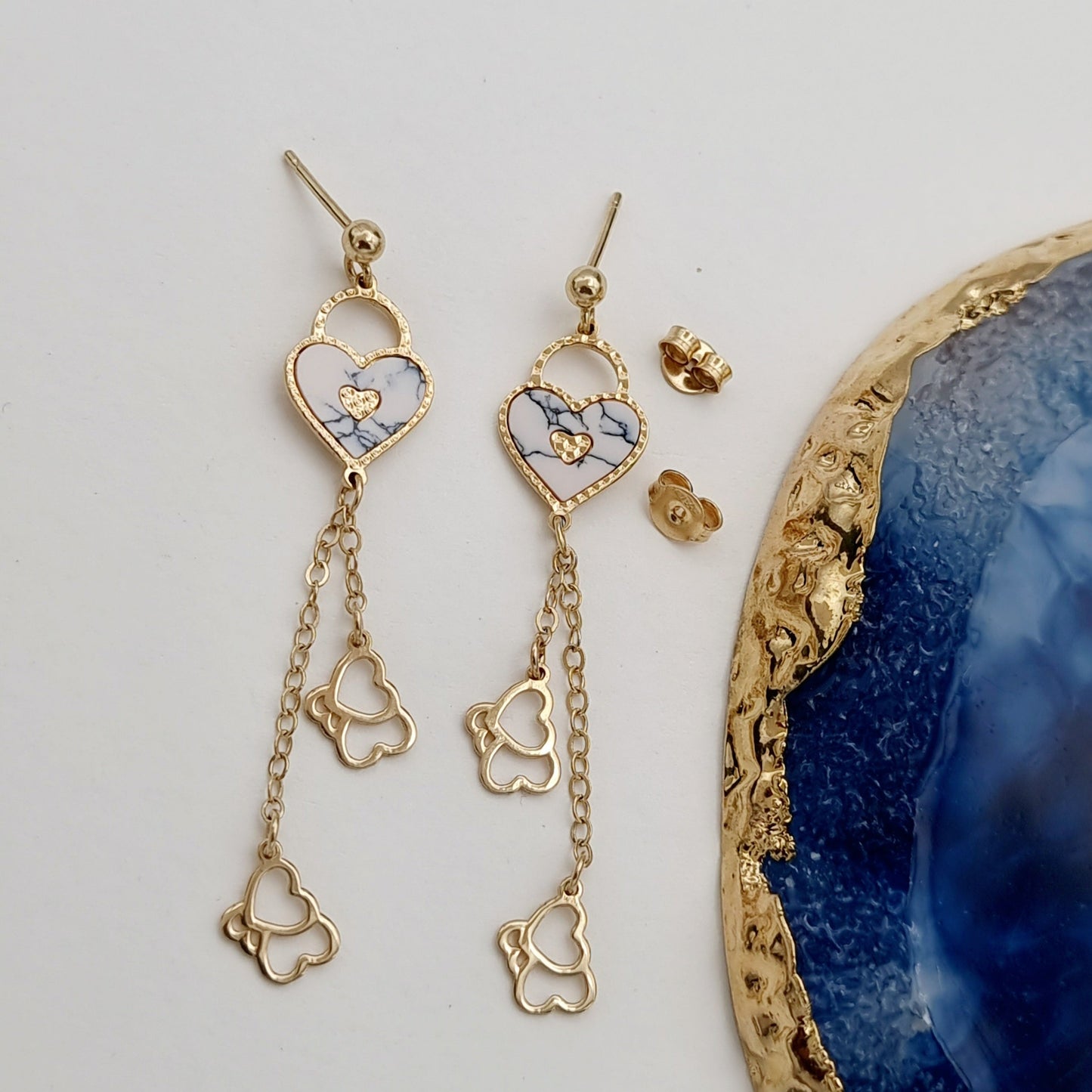 18K Pure Gold Heart Hanging Earrings