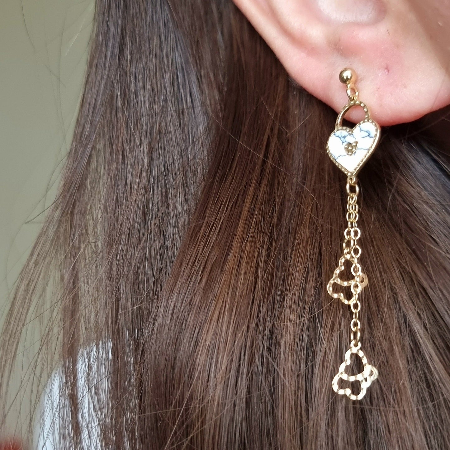 18K Pure Gold Heart Hanging Earrings