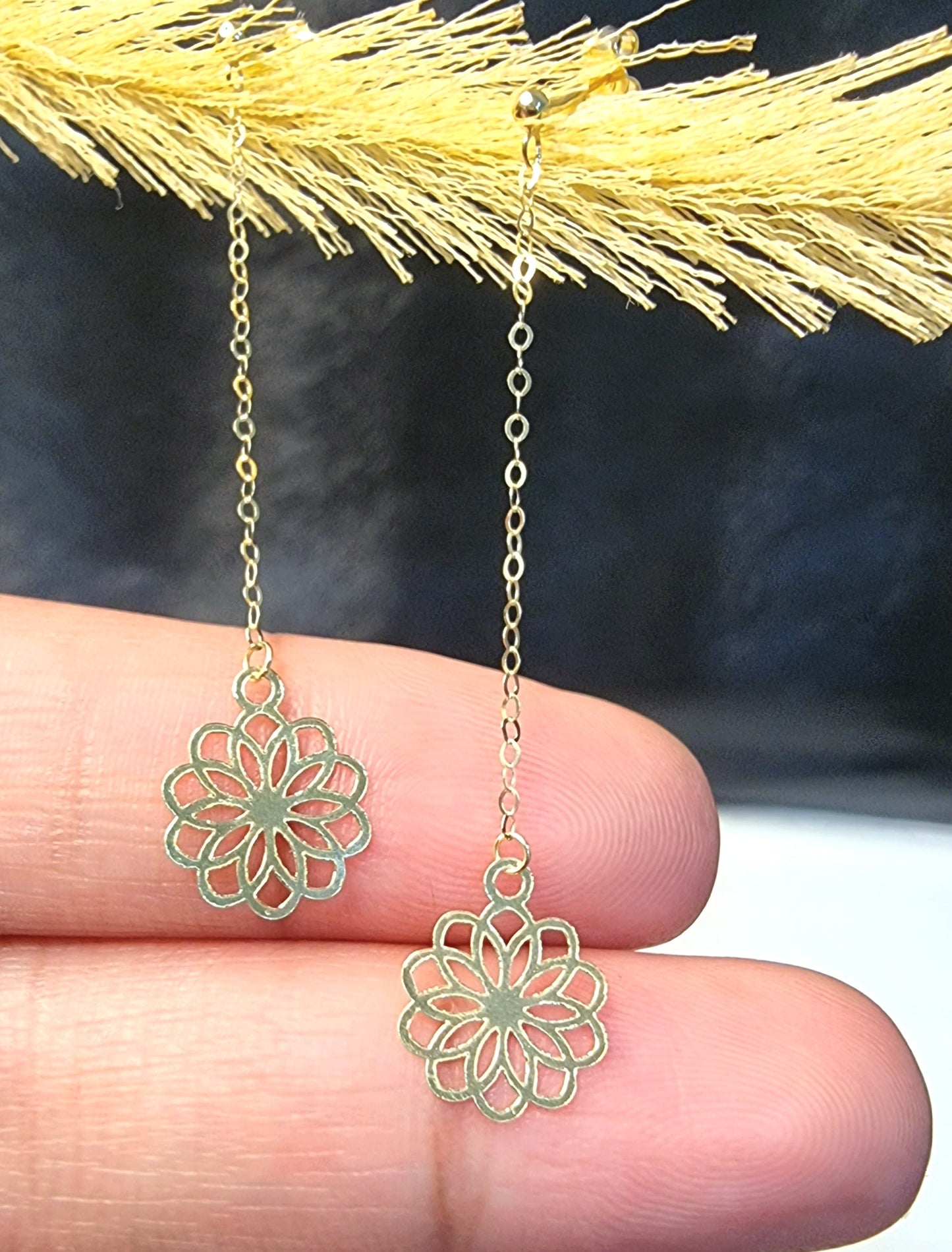 18K Pure Gold Hanging Flower Earring Set