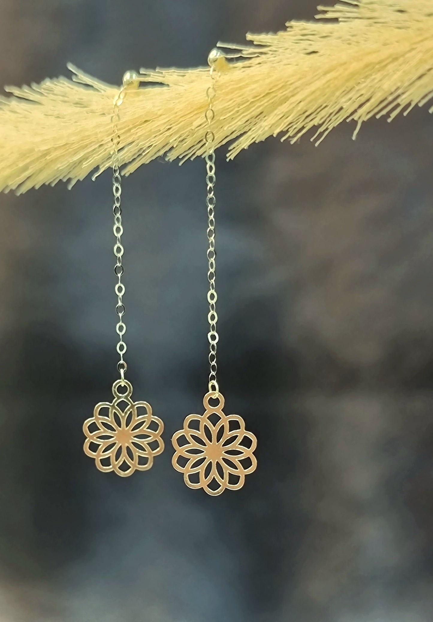 18K Pure Gold Hanging Flower Earring Set