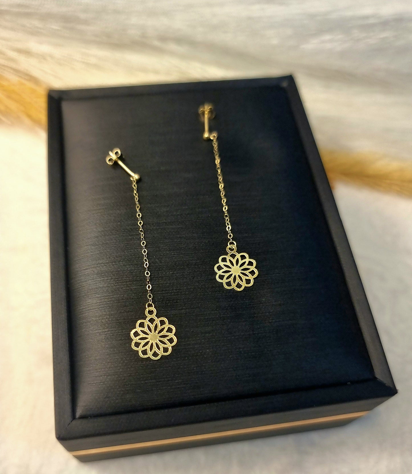 18K Pure Gold Hanging Flower Earring Set