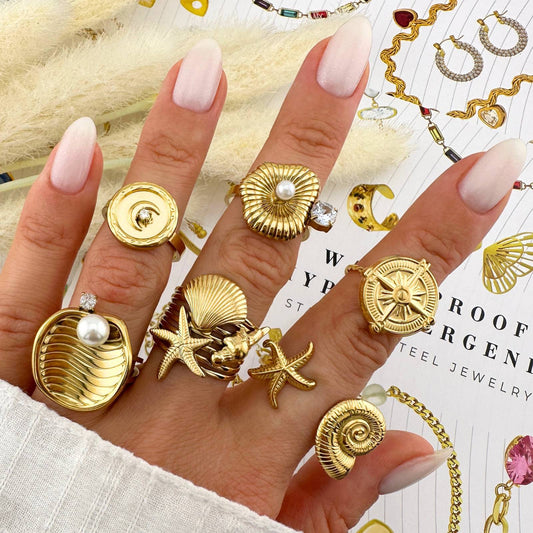 Starfish And Seashell Ring, 18K Gold Plated Steel