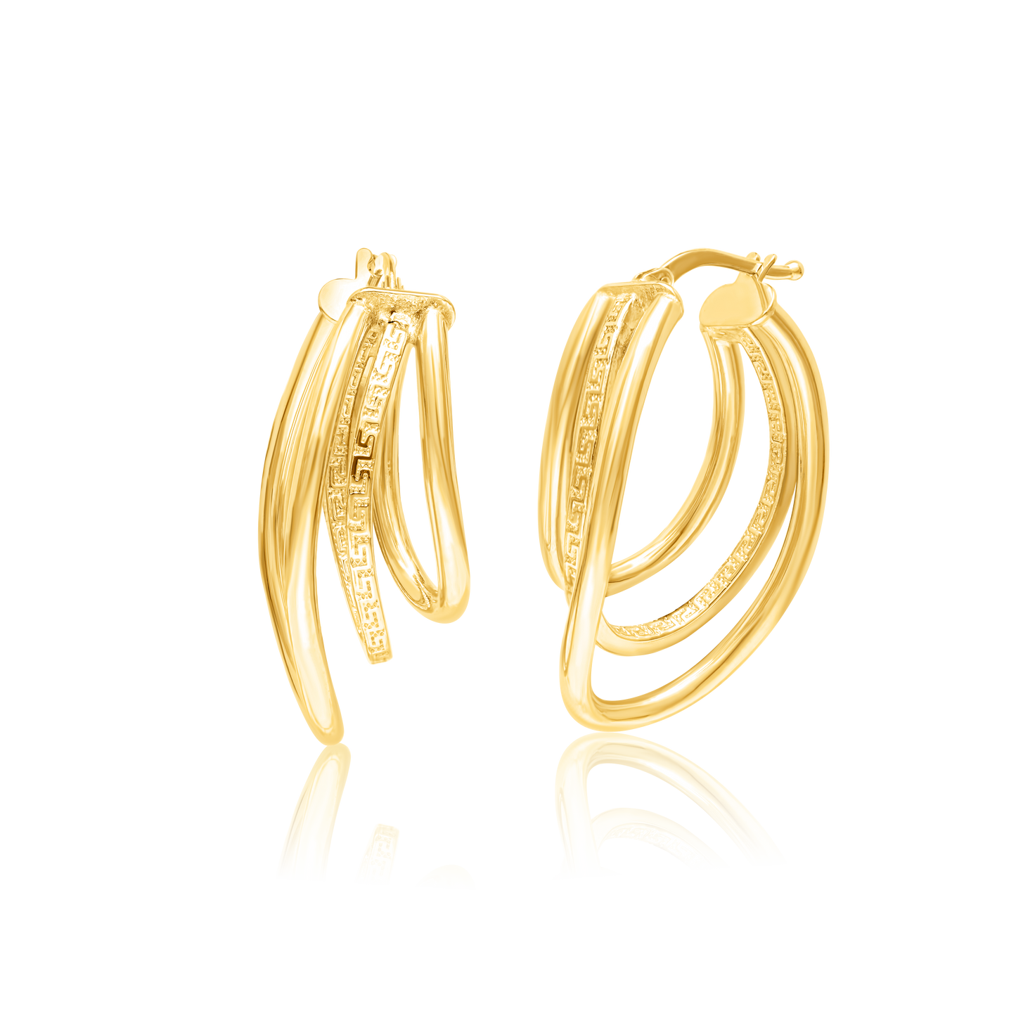 18K Pure Gold Curved 3 Layer Oval Earring Set