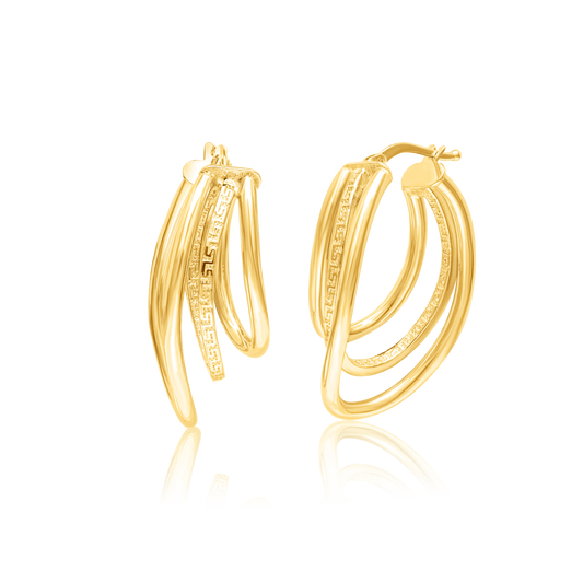 18K Pure Gold Curved 3 Layer Oval Earring Set