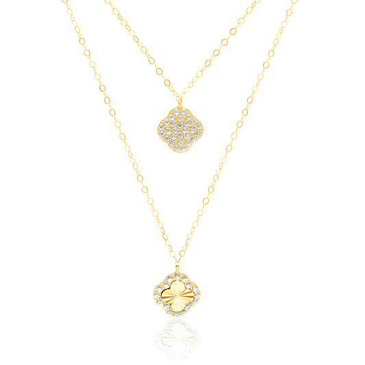 18K Pure Gold 2 Layer Flower Stone Necklace