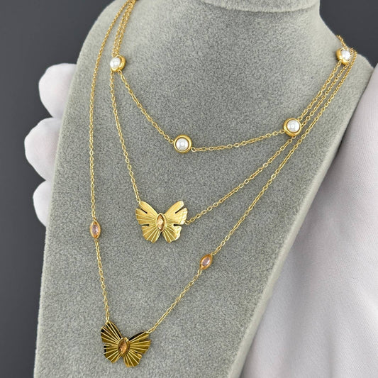 Butterflies Necklace, 18K Gold Plated Steel
