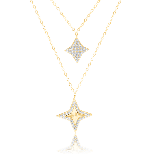 18K Pure Gold 2 Layer Star Stone Necklace