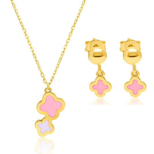 21K Pure Gold Pink Flower Jewelry Set