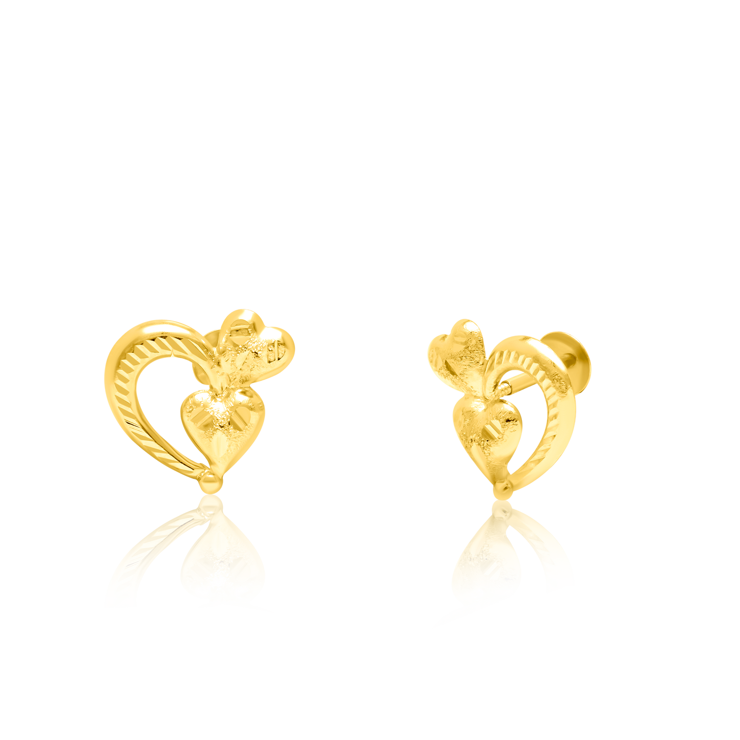 18K Pure Gold Heart Screw Earring Set