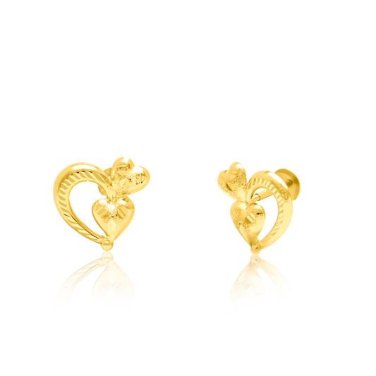 18K Pure Gold Heart Screw Earring Set