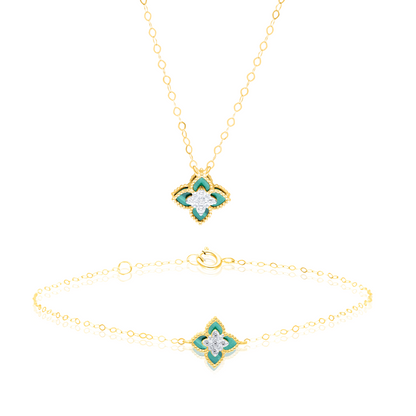 18K Pure Gold Green Flower Jewelry Set