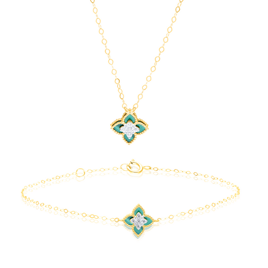 18K Pure Gold Green Flower Jewelry Set