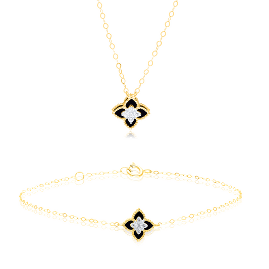18K Pure Gold Black Flower Jewelry Set