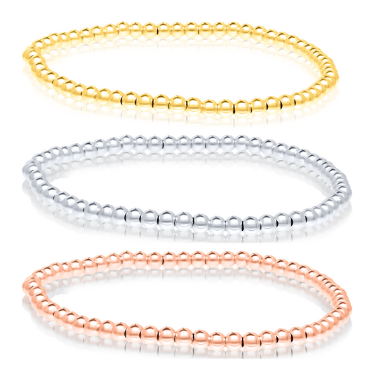 3 Pcs 18k Pure Gold Elastic Bead Bangle Set (Yellow, White, Rose Gold)