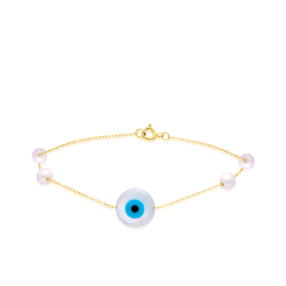 18K Pure Gold Evil Eye Pearl Bracelet