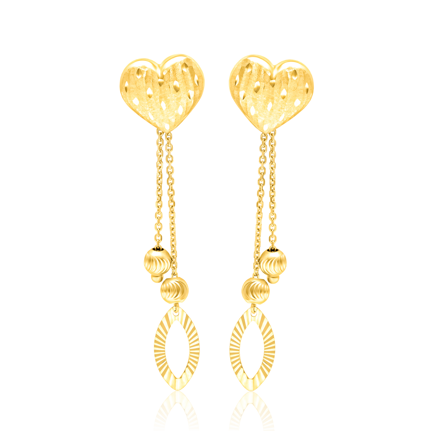 18K Pure Gold Heart Hanging Seed Earring Set