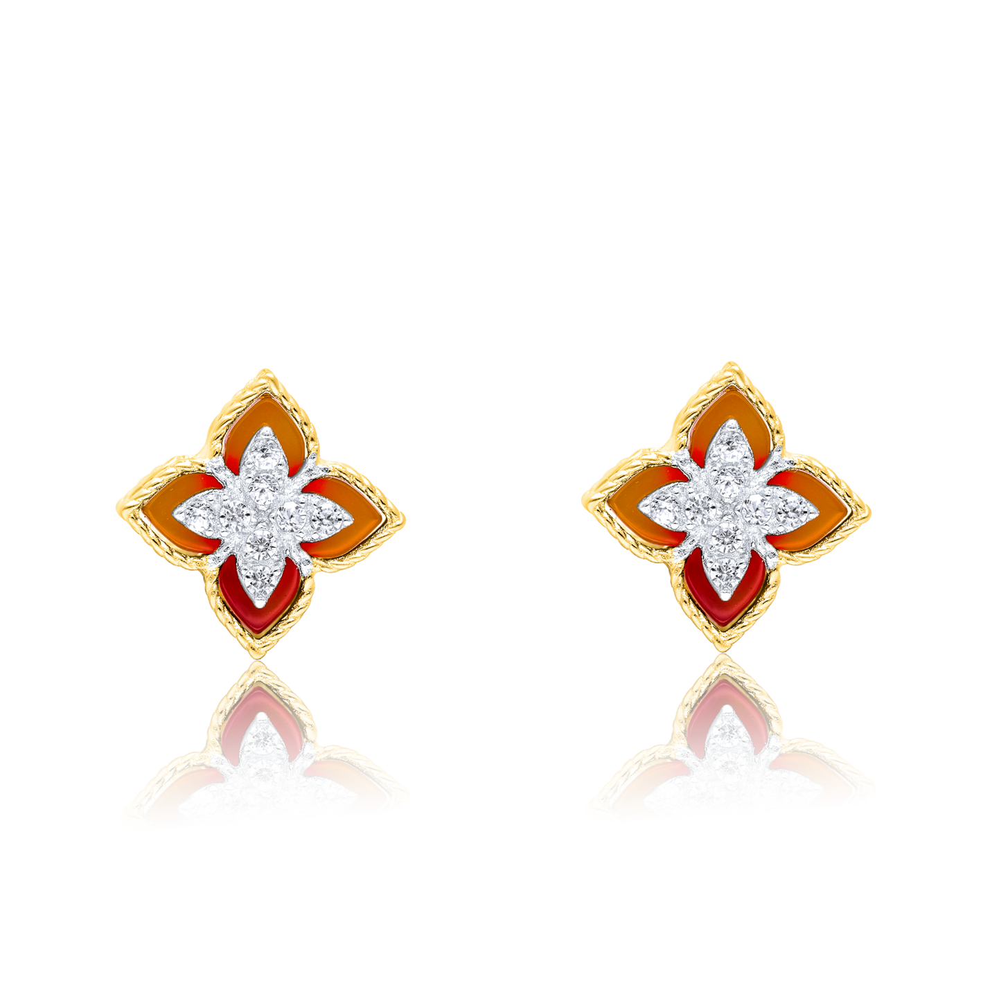 18K Pure Gold Red Flower Earring Set